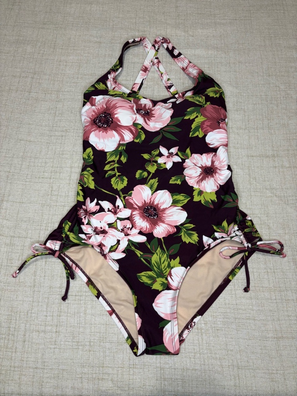 Kona Sol Floral Cross-Back One-Piece Swimsuit - Plum with Pink & Green